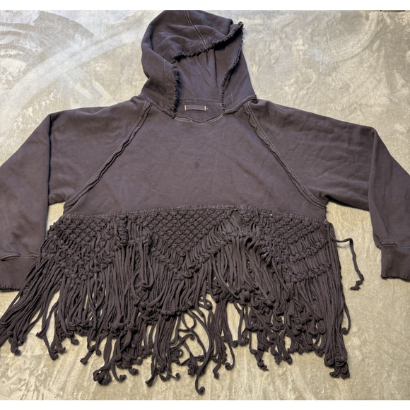 We The Free Macrame Fringe Hoodie Sweatshirt Womens Medium Boho Festival Cropped - Picture 3 of 13